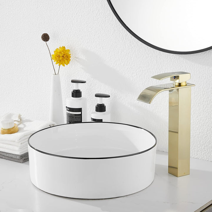 Bathroom Faucet Bruhsed Gold, Single Handle One Hole Waterfall Bathroom Vessel Sink Faucet Bathroom Vanity Faucet with Pop Up Drain Without Overflow - Just Closeouts Canada Inc.