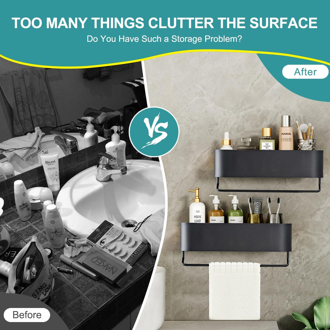 Bathroom Shelf No Drilling Shower Shelf with Towel Rail Bar Bathroom Shelves for Towels Rustproof Aluminum Shower Organizer Wall Mounted for Kitchen,Living Room (BK - 30cm) - Just Closeouts Canada Inc.