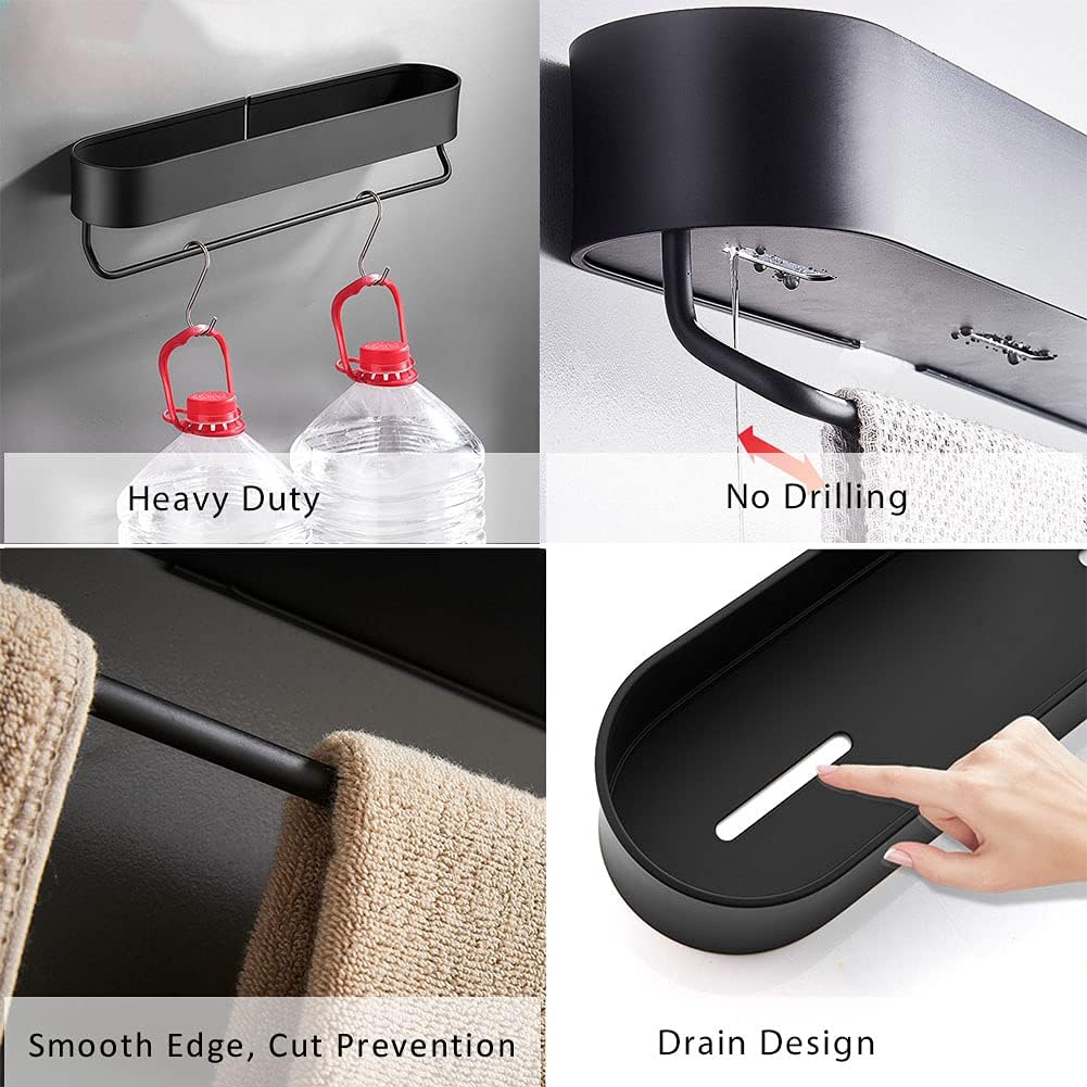 Bathroom Shelf No Drilling Shower Shelf with Towel Rail Bar Bathroom Shelves for Towels Rustproof Aluminum Shower Organizer Wall Mounted for Kitchen,Living Room (BK - 30cm) - Just Closeouts Canada Inc.