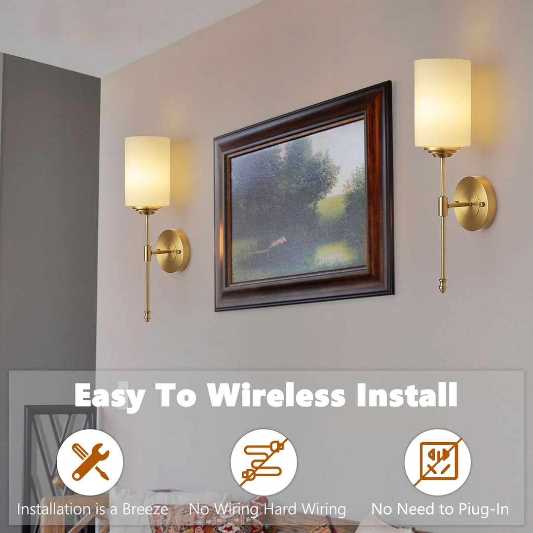 Battery Operated Wall Sconces Set of Two, Rechargeable Wireless Dimmable LED Lights with Remote Control, Modern Gold & Glass Design for Bedroom, Living Room - 2 - Pack - Just Closeouts Canada Inc.