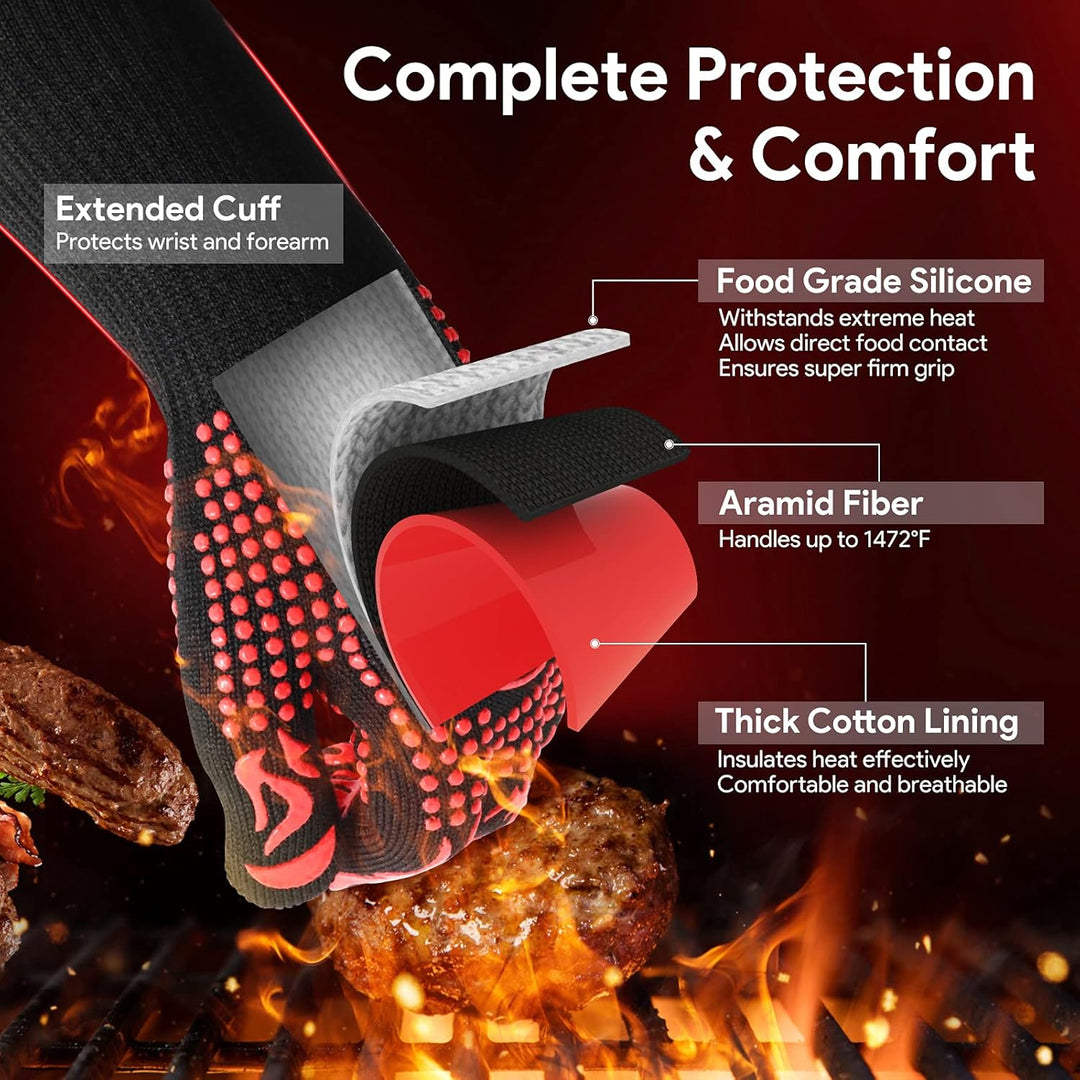 BBQ Gloves, Heat Resistant Oven Mitts Grilling Gloves - 1472℉ Extreme Heat Resistant, Oven Gloves Silicone - Cooking Gloves for Grilling, BBQ, Baking, Welding (A Pair) - Just Closeouts Canada Inc.