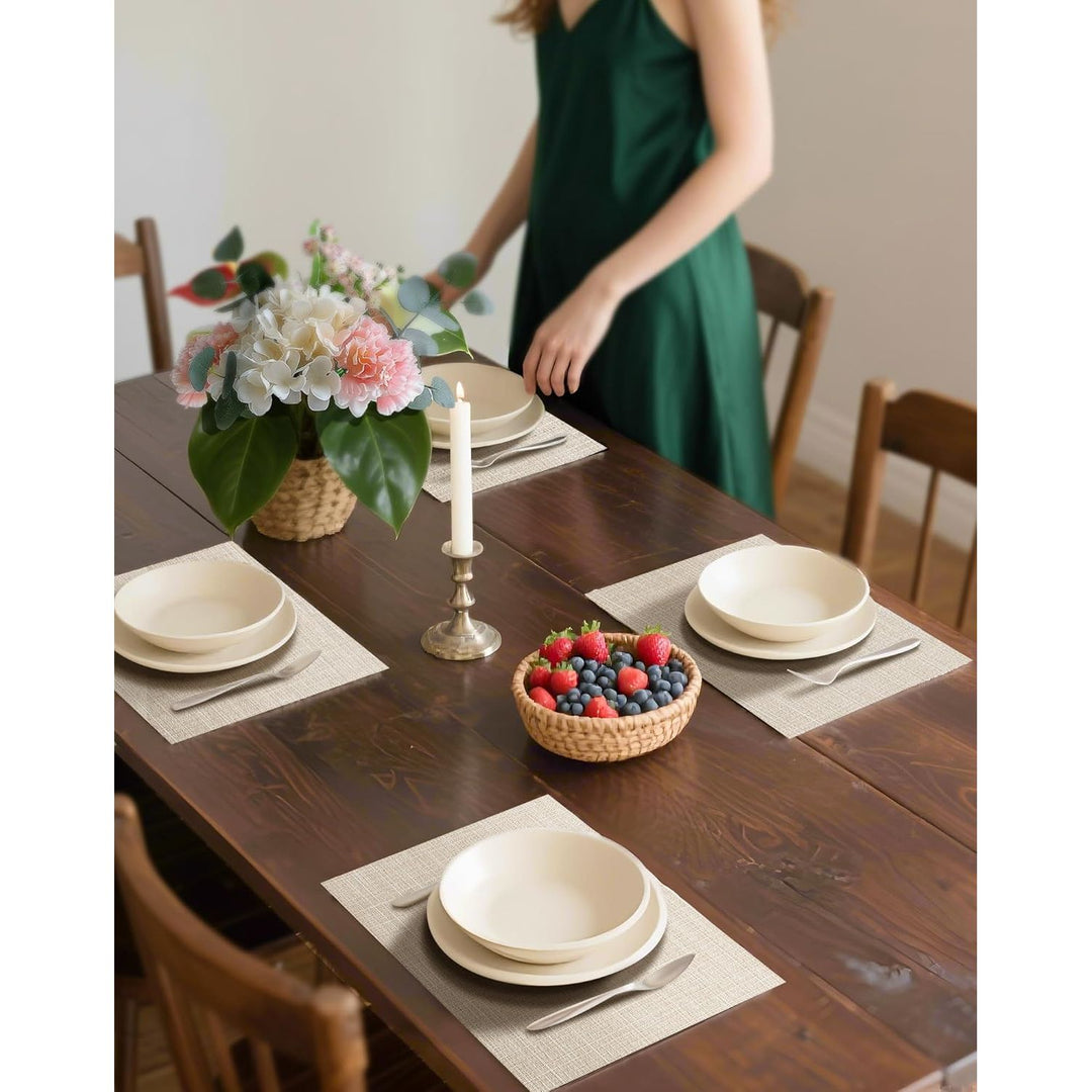 Beige Placemats Set of 12 - Heat Resistant Non - Slip Place mats for Dining Table, Washable Durable PVC Vinyl Woven Table Mats - Just Closeouts Canada Inc.