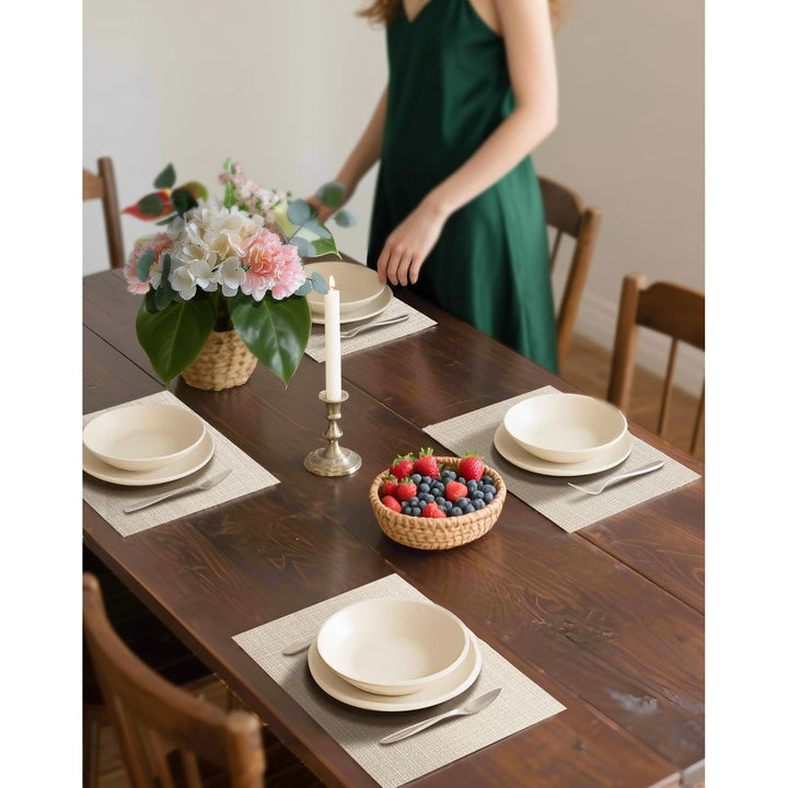 Beige Placemats Set of 12 - Heat Resistant Non - Slip Place mats for Dining Table, Washable Durable PVC Vinyl Woven Table Mats - Just Closeouts Canada Inc.