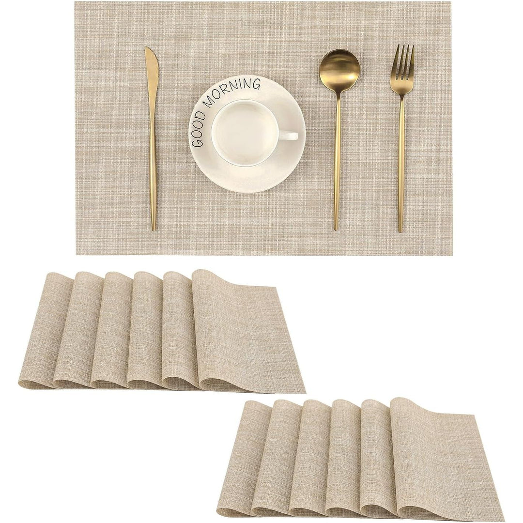 Beige Placemats Set of 12 - Heat Resistant Non - Slip Place mats for Dining Table, Washable Durable PVC Vinyl Woven Table Mats - Just Closeouts Canada Inc.