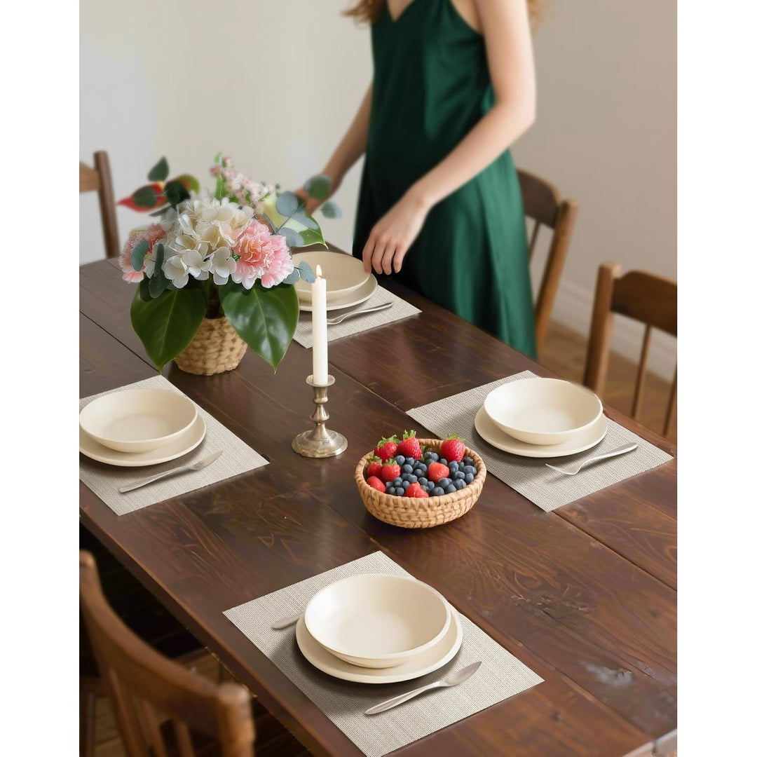Beige White Placemats Set of 6 - Heat Resistant Non - Slip Place mats for Dining Table, Washable Durable PVC Vinyl Woven Table Mats(Beige White, 6) - Just Closeouts Canada Inc.