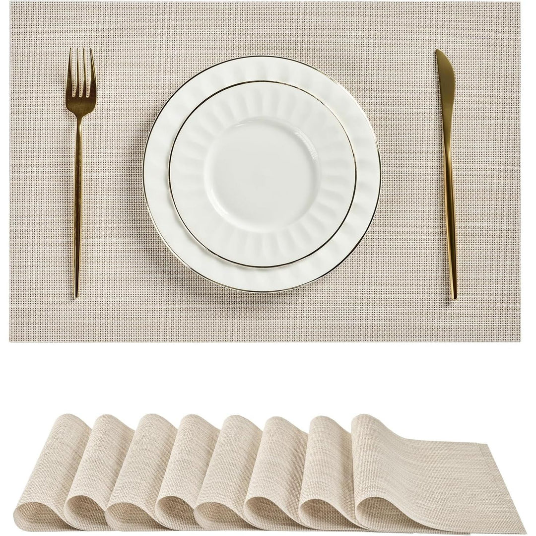 Beige White Placemats Set of 8 - Heat Resistant Non - Slip Place mats for Dining Table, Washable Durable PVC Vinyl Woven Table Mats(Beige White, 8) - Just Closeouts Canada Inc.