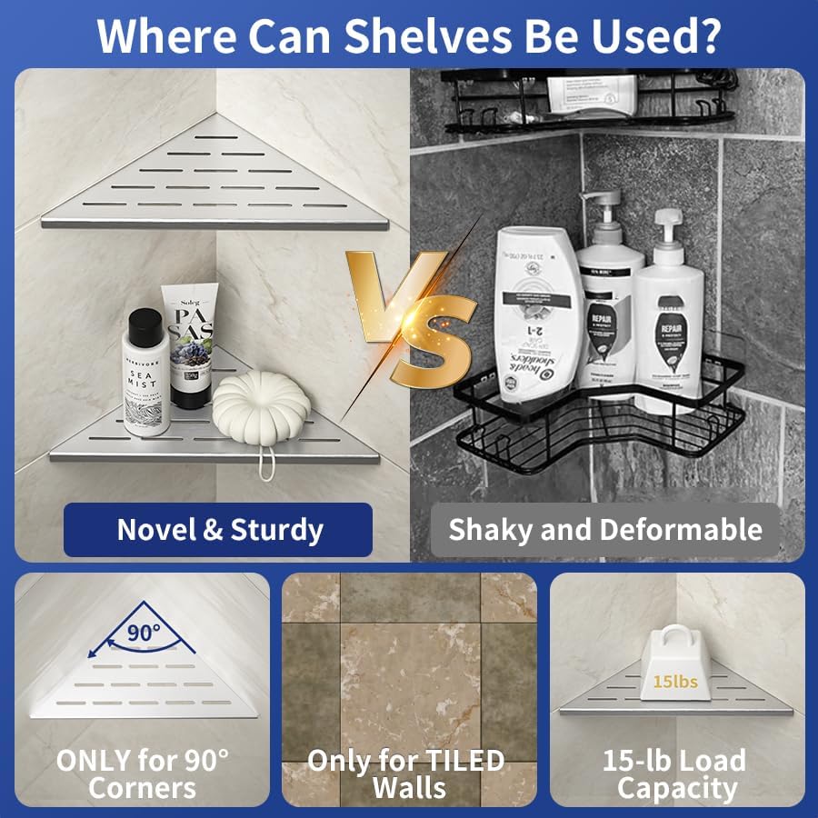 Bernkot Corner Shower Shelf 10" Matte Black 304 Stainless Steel Slot Design Recessed Corner Shelves Bathroom Shower Shelf for Tiled Wall, 2 Pack (Brushed) - Just Closeouts Canada Inc.