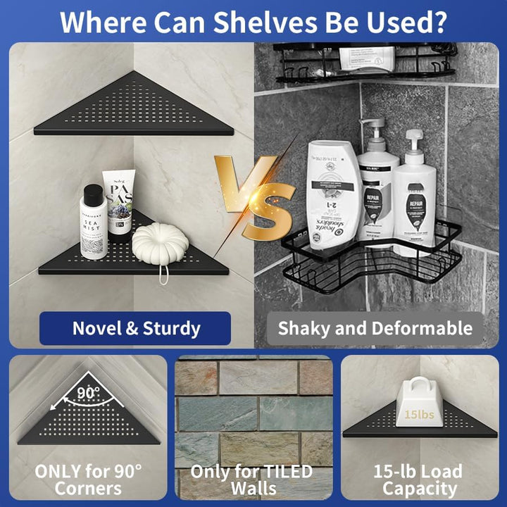 Bernkot Corner Shower Shelves 10" Matte Black 304 Stainless Steel Recessed Corner Shelf Bathroom Shower Shelf for Tiled Wall, No Drilling, 2 Pack - Just Closeouts Canada Inc.
