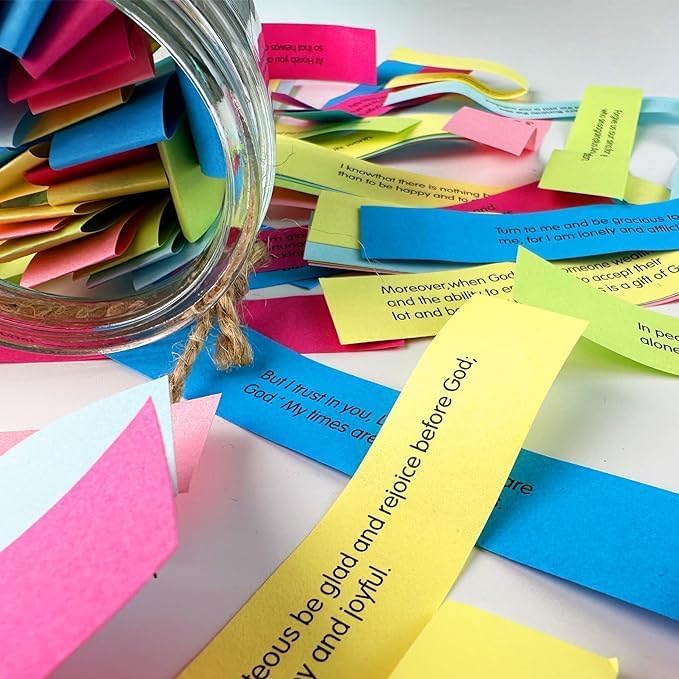 Close-up of colourful Bible verse cards