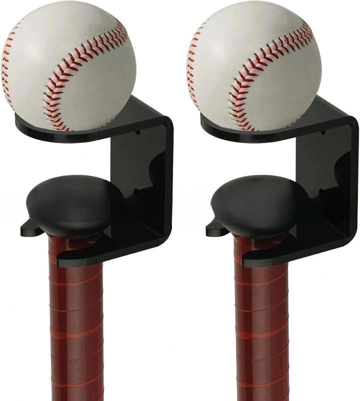 Two black baseball bat wall display holders