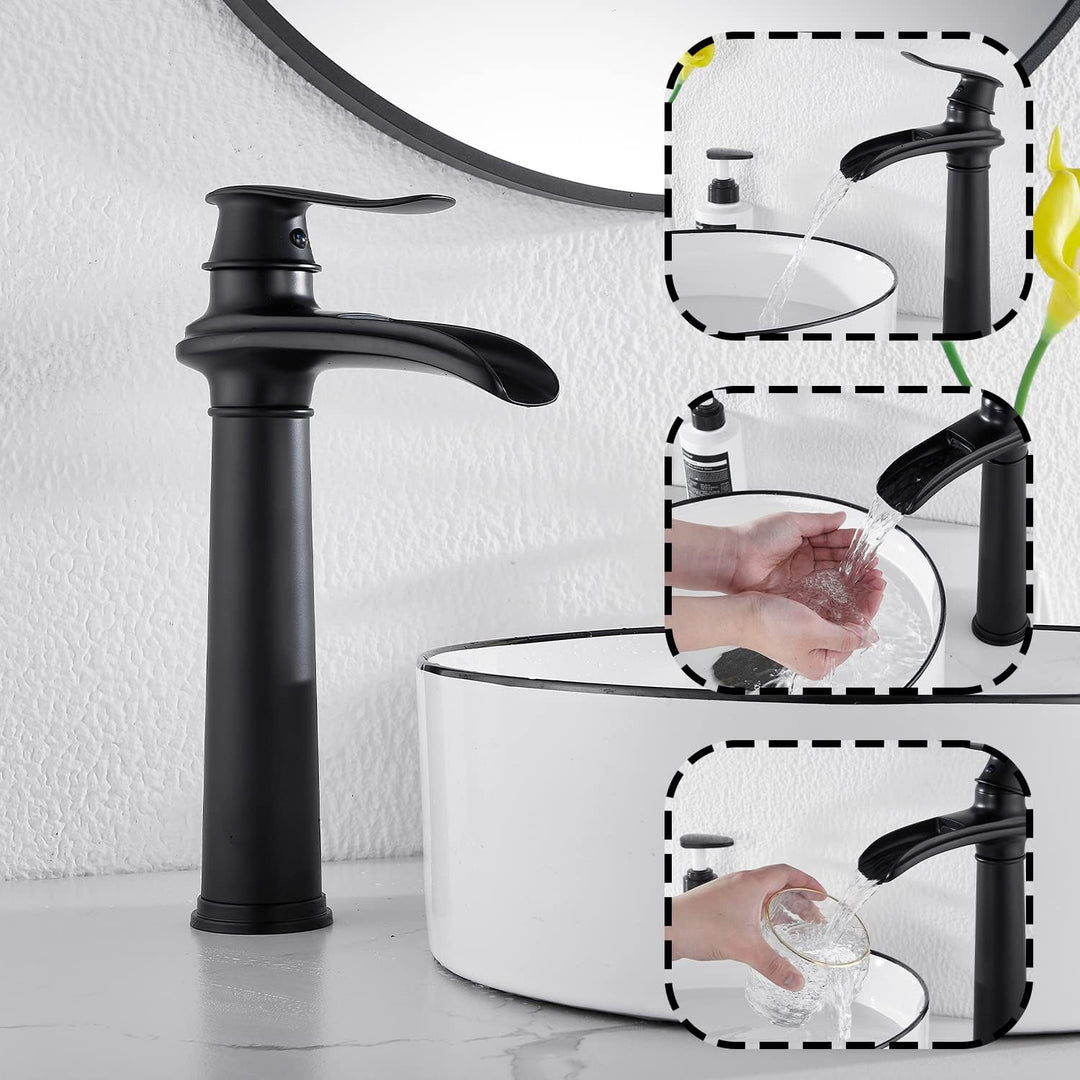 Black Bathroom Faucet GGStudy Waterfall Single Handle One Hole Farmhouse Bathroom Vessel Sink Faucet Matching Pop Up Drain - Just Closeouts Canada Inc.