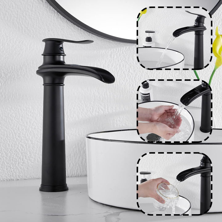Black Bathroom Faucet GGStudy Waterfall Single Handle One Hole Farmhouse Bathroom Vessel Sink Faucet Matching Pop Up Drain - Just Closeouts Canada Inc.