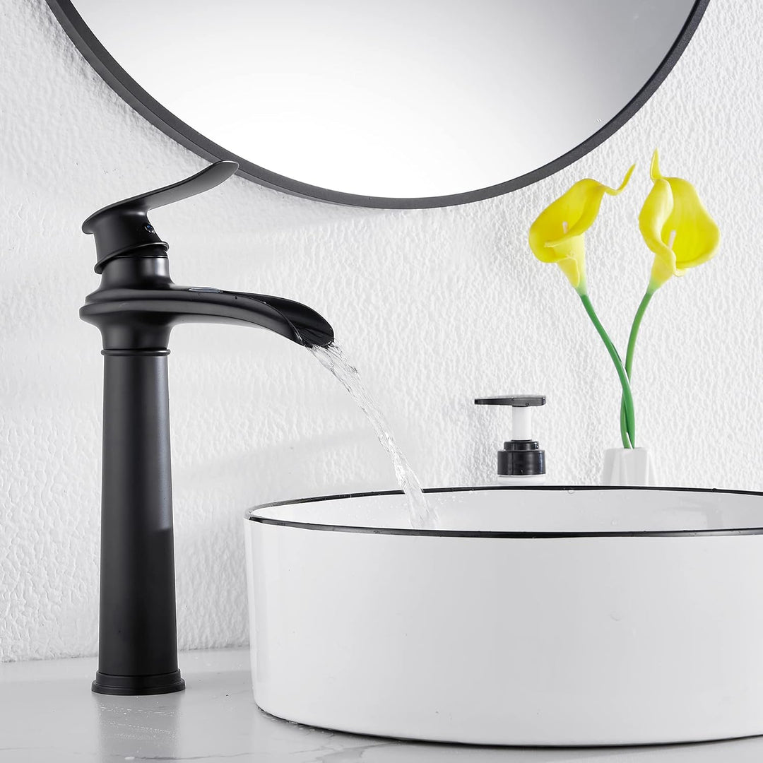 Black Bathroom Faucet GGStudy Waterfall Single Handle One Hole Farmhouse Bathroom Vessel Sink Faucet Matching Pop Up Drain - Just Closeouts Canada Inc.