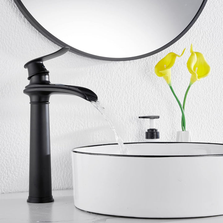 Black Bathroom Faucet GGStudy Waterfall Single Handle One Hole Farmhouse Bathroom Vessel Sink Faucet Matching Pop Up Drain - Just Closeouts Canada Inc.