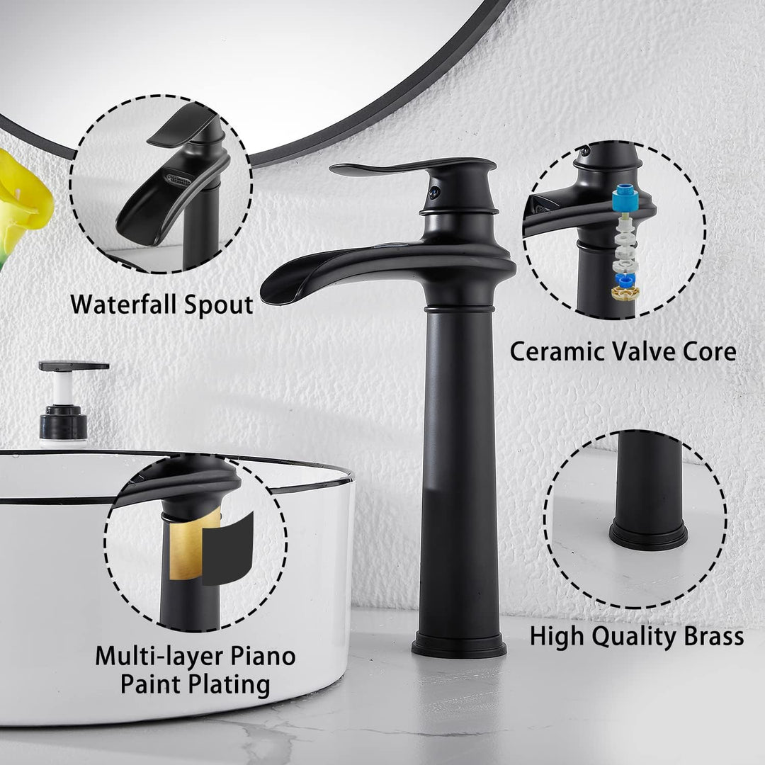 Black Bathroom Faucet GGStudy Waterfall Single Handle One Hole Farmhouse Bathroom Vessel Sink Faucet Matching Pop Up Drain - Just Closeouts Canada Inc.