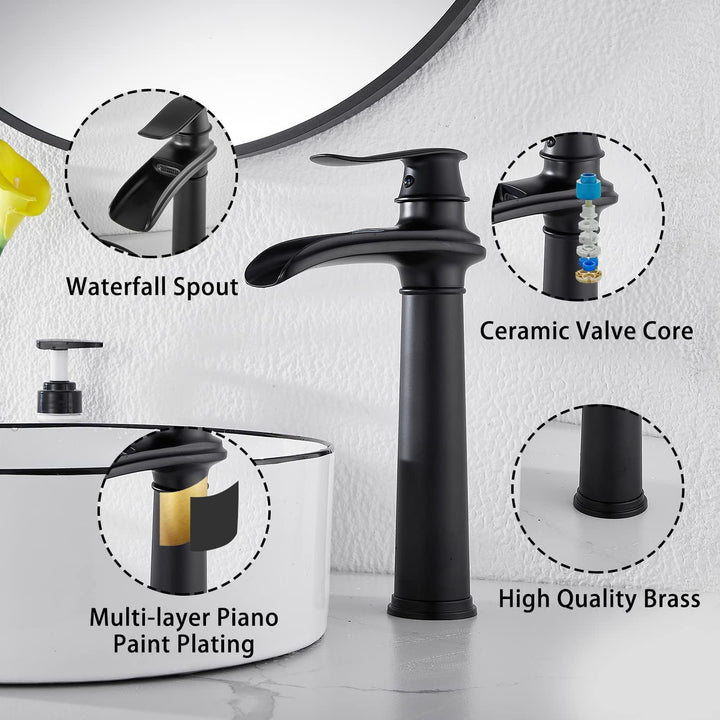 Black Bathroom Faucet GGStudy Waterfall Single Handle One Hole Farmhouse Bathroom Vessel Sink Faucet Matching Pop Up Drain - Just Closeouts Canada Inc.