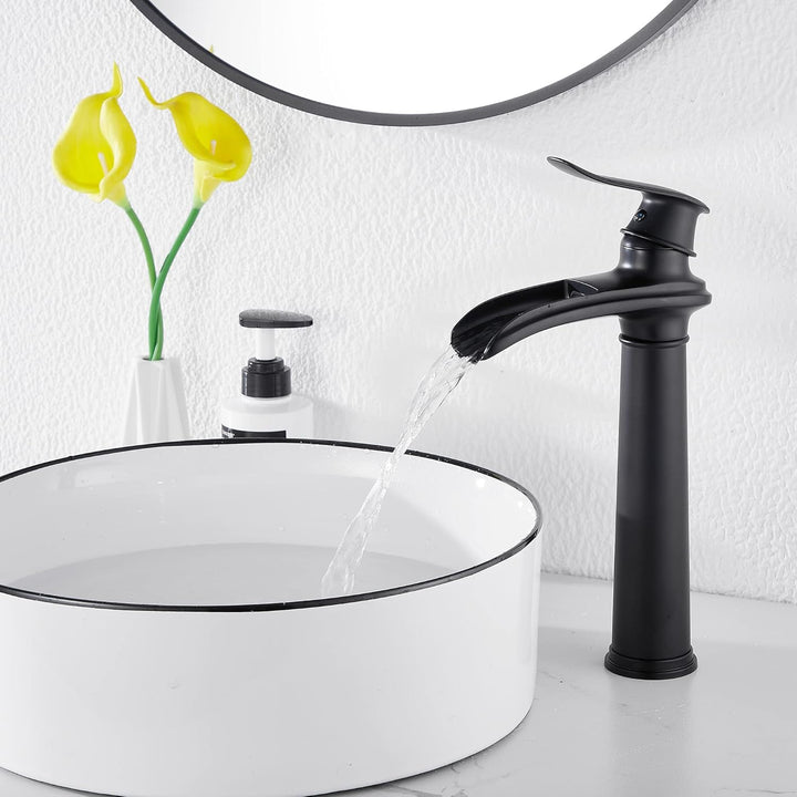 Black Bathroom Faucet GGStudy Waterfall Single Handle One Hole Farmhouse Bathroom Vessel Sink Faucet Matching Pop Up Drain - Just Closeouts Canada Inc.