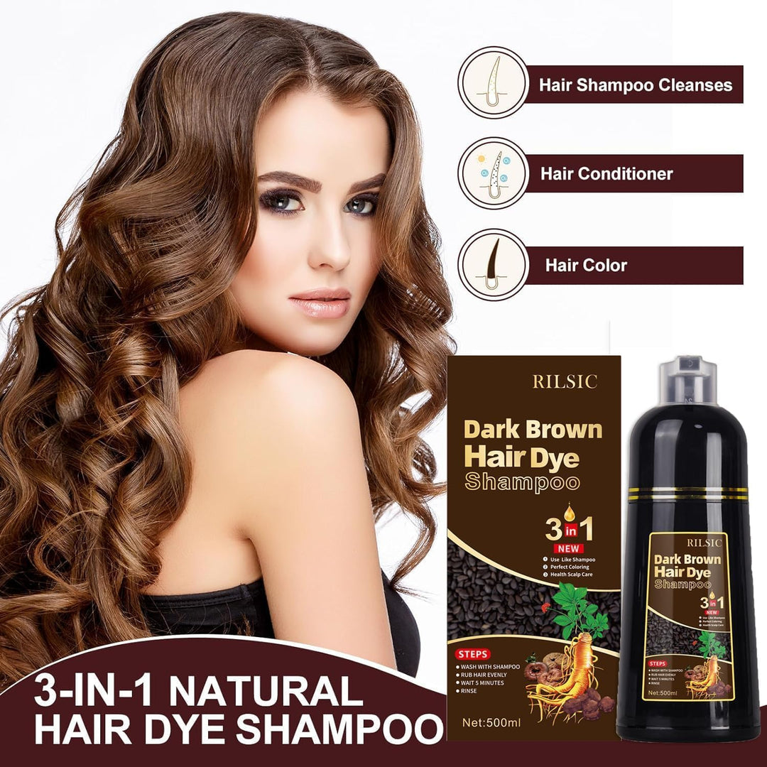 Black Hair Dye Shampoo for Grey Hair Beard Coverage, 500ML Instant Hair Colour Shampoo 3 in 1, Hair Color & Long Lasting Hair Colouring Shampoos for Women Men, Black Hair Dye Coloring in Minutes (Dark Brown) - Just Closeouts Canada Inc.X004RPK35R