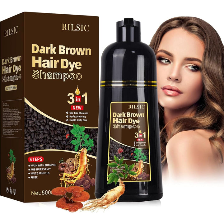 Black Hair Dye Shampoo for Grey Hair Beard Coverage, 500ML Instant Hair Colour Shampoo 3 in 1, Hair Color & Long Lasting Hair Colouring Shampoos for Women Men, Black Hair Dye Coloring in Minutes (Dark Brown) - Just Closeouts Canada Inc.X004RPK35R