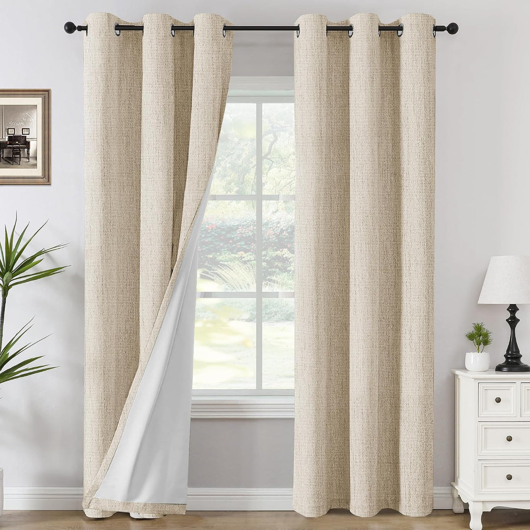 Blackout Curtains, Chenille Linen Curtains 84 inches Long 100% Blackout Curtains for Bedroom, Textured Linen Look Draperies Grommet with White Liner, 2 Panels, Heather Bleached Sand - Just Closeouts Canada Inc.