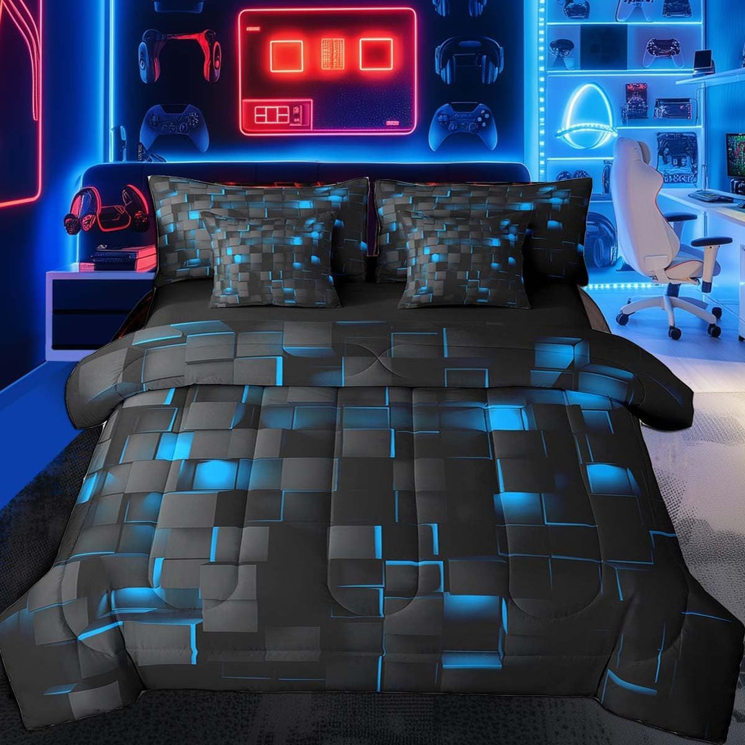 Blue and Black Bedding Set Twin Size Kids Light Geometric Comforter Set with Sheets 7 Piece Geometry Bed in a Bag forModern Bed Set with Comforter,Sheets,Pillowcases,Cushion Covers - Just Closeouts Canada Inc.X004OJ5AN1