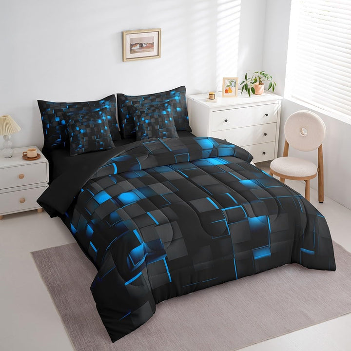 Blue and Black Bedding Set Twin Size Kids Light Geometric Comforter Set with Sheets 7 Piece Geometry Bed in a Bag forModern Bed Set with Comforter,Sheets,Pillowcases,Cushion Covers - Just Closeouts Canada Inc.X004OJ5AN1