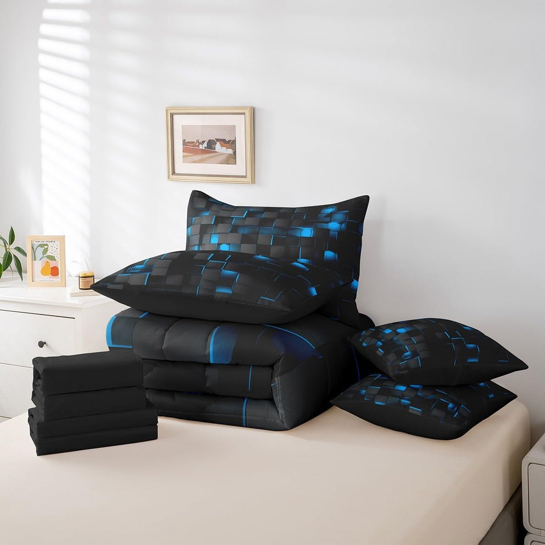 Blue and Black Bedding Set Twin Size Kids Light Geometric Comforter Set with Sheets 7 Piece Geometry Bed in a Bag forModern Bed Set with Comforter,Sheets,Pillowcases,Cushion Covers - Just Closeouts Canada Inc.X004OJ5AN1
