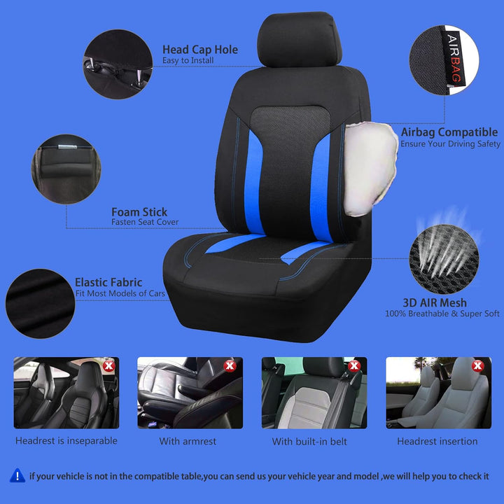 Blue & Black Breathable Mesh Car Seat Cover Set, Front & Rear - Just Closeouts Canada Inc.