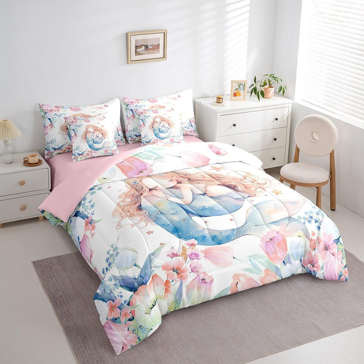 Blue & Pink Floral Mermaid Twin 7-Piece Bedding Set - Just Closeouts Canada Inc.X004RGYAVT