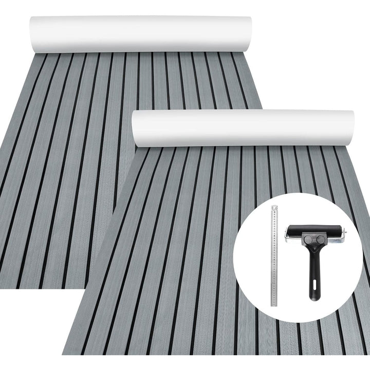Boat Flooring EVA Foam Decking Sheet - Upgraded Hi - Strength Adhesive Marine Vinyl Flooring,Non - Slip Faux Teak Sea Deck Marine Mat with Rubber Roller, 94.5*35.4" - 46.46sqft - 2pcs, Gray With Black Seam Lines - Just Closeouts Canada Inc.