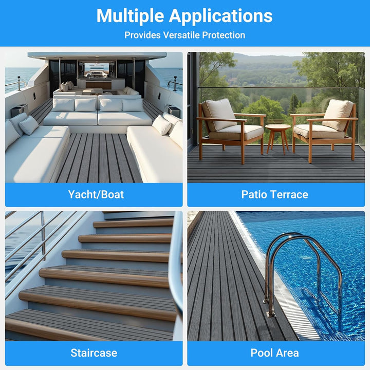 Boat Flooring EVA Foam Decking Sheet - Upgraded Hi - Strength Adhesive Marine Vinyl Flooring,Non - Slip Faux Teak Sea Deck Marine Mat with Rubber Roller, 94.5*35.4" - 46.46sqft - 2pcs, Gray With Black Seam Lines - Just Closeouts Canada Inc.
