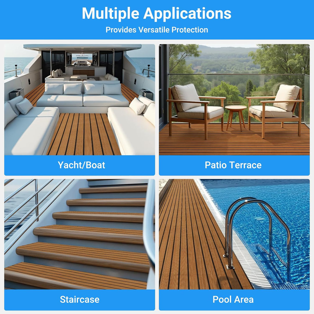 Boat Flooring EVA Foam Decking Sheet - Upgraded Hi - Strength Adhesive Marine Vinyl Flooring,Non - Slip Faux Teak Sea Deck Marine Mat with Rubber Roller, Brown With Black Seam Lines, 94.5*35.4" - 23.23sqft - 1pcs - Just Closeouts Canada Inc.