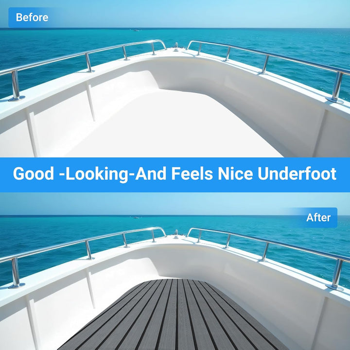 Boat Flooring EVA Foam Decking Sheet - Upgraded Hi - Strength Adhesive Marine Vinyl Flooring,Non - Slip Faux Teak Sea Deck Marine Mat with Rubber Roller, Gray With Black Seam Lines, 94.5*35.4" - 69.69sqft - 3pcs - Just Closeouts Canada Inc.