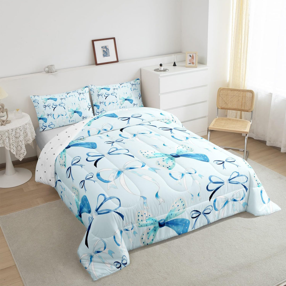 Bow Bedding Set Boys Girls Twin Size Cute Bowknot Comforter Set for Kids Women Men Ultra Soft Blue Girls Bow Comforter Lovely Duvet Set - Just Closeouts Canada Inc.X004RNB4OX