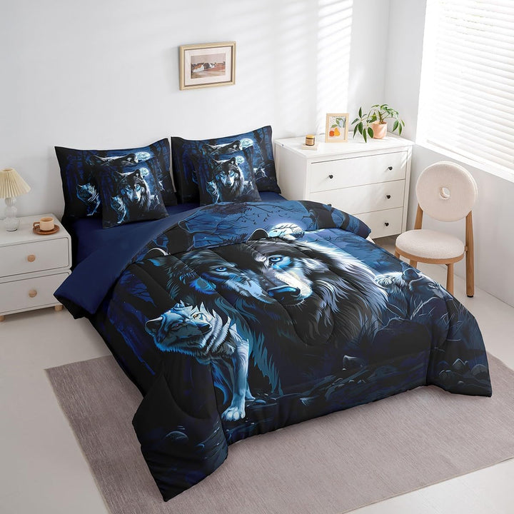 Boys Girls Wolf 7 Pieces Bedding Set King Size, Wolves Howling Bed in A Bag Kids Western Wild Animal Comforter Set with Sheets Mountain Moon Teens Bed Set Bedroom Decor 7Pcs - Just Closeouts Canada Inc.X004YN9YIJ