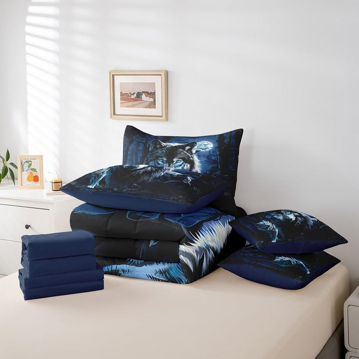 Boys Girls Wolf 7 Pieces Bedding Set King Size, Wolves Howling Bed in A Bag Kids Western Wild Animal Comforter Set with Sheets Mountain Moon Teens Bed Set Bedroom Decor 7Pcs - Just Closeouts Canada Inc.X004YN9YIJ