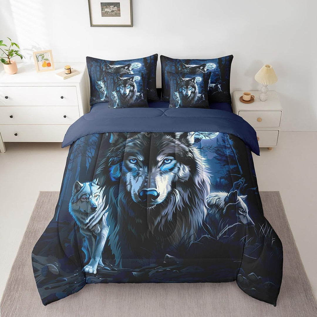 Boys Girls Wolf 7 Pieces Bedding Set King Size, Wolves Howling Bed in A Bag Kids Western Wild Animal Comforter Set with Sheets Mountain Moon Teens Bed Set Bedroom Decor 7Pcs - Just Closeouts Canada Inc.X004YN9YIJ