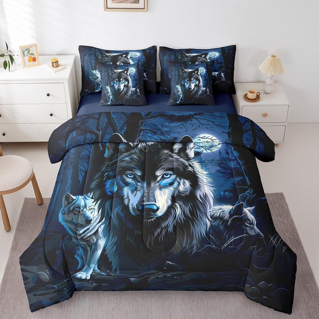 Boys Girls Wolf 7 Pieces Bedding Set King Size, Wolves Howling Bed in A Bag Kids Western Wild Animal Comforter Set with Sheets Mountain Moon Teens Bed Set Bedroom Decor 7Pcs - Just Closeouts Canada Inc.X004YN9YIJ