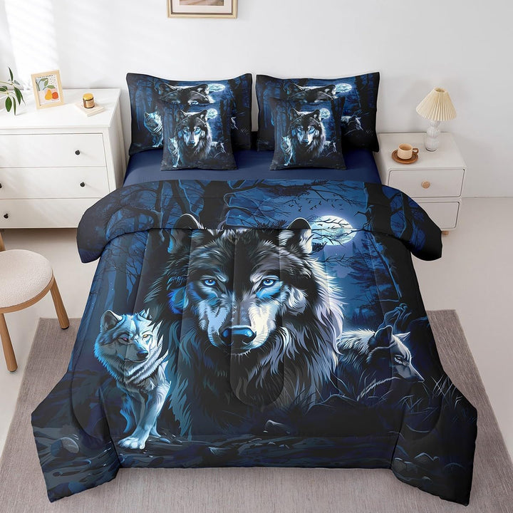 Boys Girls Wolf 7 Pieces Bedding Set King Size, Wolves Howling Bed in A Bag Kids Western Wild Animal Comforter Set with Sheets Mountain Moon Teens Bed Set Bedroom Decor 7Pcs - Just Closeouts Canada Inc.X004YN9YIJ