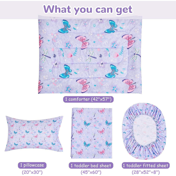 Butterfly Toddler Bedding Set for Girls, 4 Piece Bed - in - a - Bag Toddler Comforter Sets, Super Soft and Comfortable Microfiber Todeeler Bed Set - Just Closeouts Canada Inc.X00431YKZT