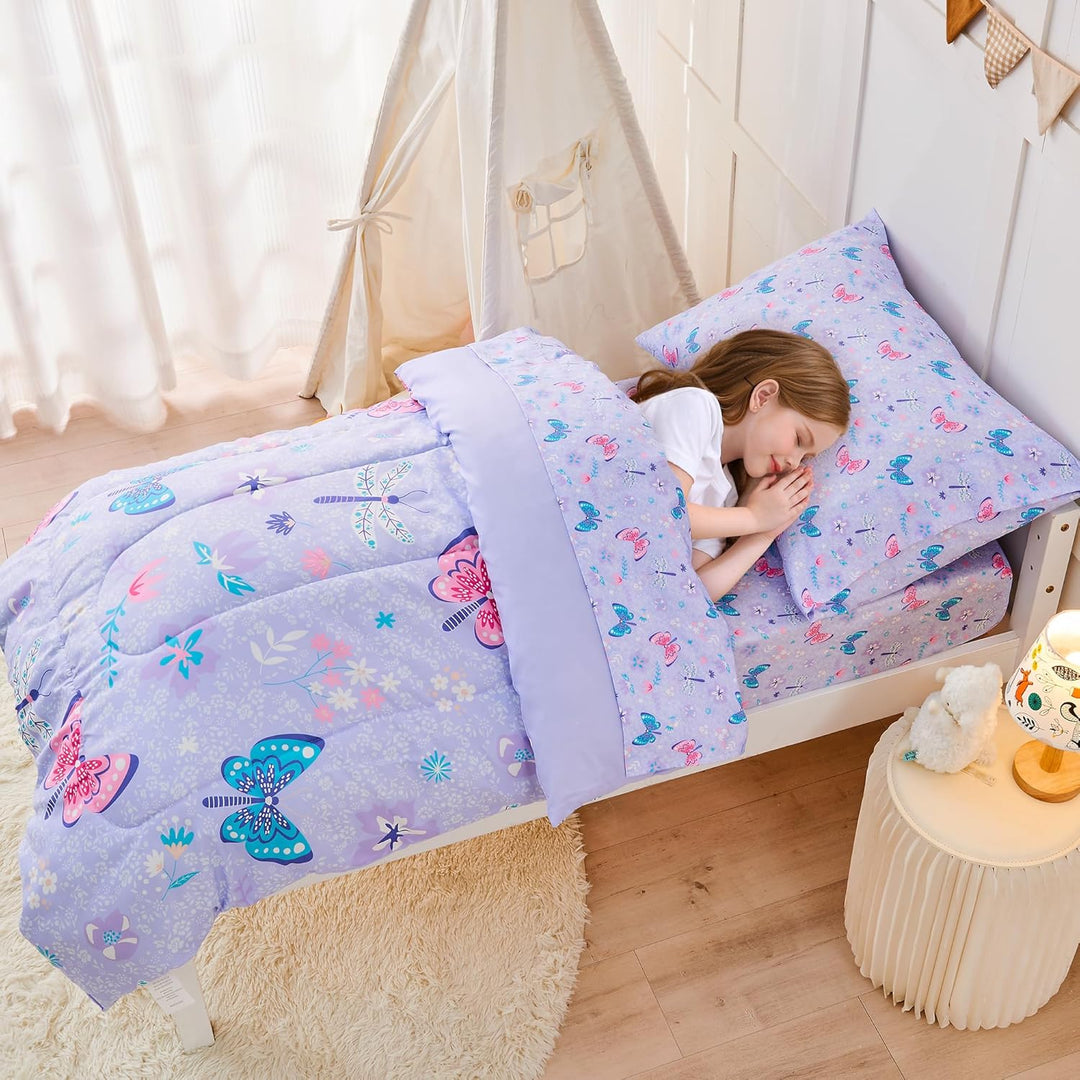 Butterfly Toddler Bedding Set for Girls, 4 Piece Bed - in - a - Bag Toddler Comforter Sets, Super Soft and Comfortable Microfiber Todeeler Bed Set - Just Closeouts Canada Inc.X00431YKZT