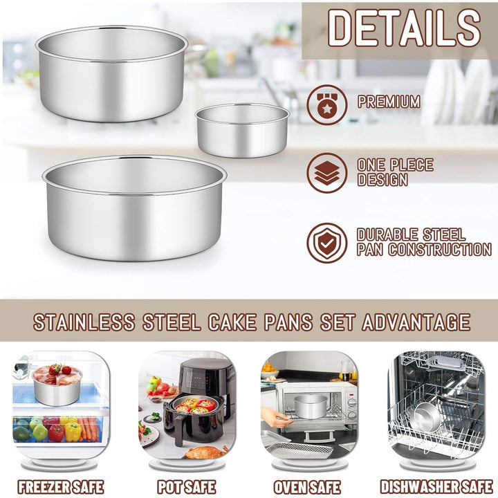 Cake Pans Set of 3 (4’’/6’’/8’’), E - far Stainless Steel Round Cake Baking Pans, Deep Metal Cake Tins for Small Layer Cake Wedding Birthday, Non - Toxic & Dishwasher Safe, Mirror Finish & Straight Side - Just Closeouts Canada Inc.