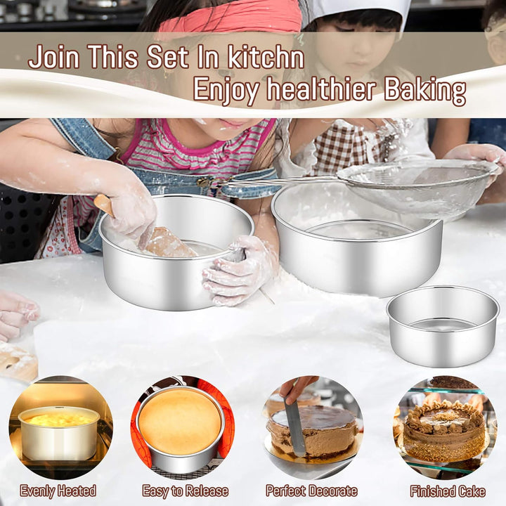 Cake Pans Set of 3 (4’’/6’’/8’’), E - far Stainless Steel Round Cake Baking Pans, Deep Metal Cake Tins for Small Layer Cake Wedding Birthday, Non - Toxic & Dishwasher Safe, Mirror Finish & Straight Side - Just Closeouts Canada Inc.