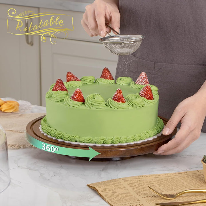 Cake Stand with Dome Lid, Acacia Wood Rotating Cake Plate with Cover, Wooden Cake Display Stand with Acrylic Dome - Rotatable - Just Closeouts Canada Inc.