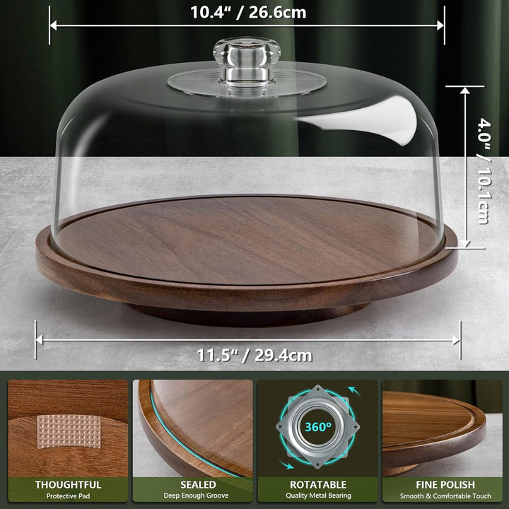 Cake Stand with Dome Lid, Acacia Wood Rotating Cake Plate with Cover, Wooden Cake Display Stand with Acrylic Dome - Rotatable - Just Closeouts Canada Inc.