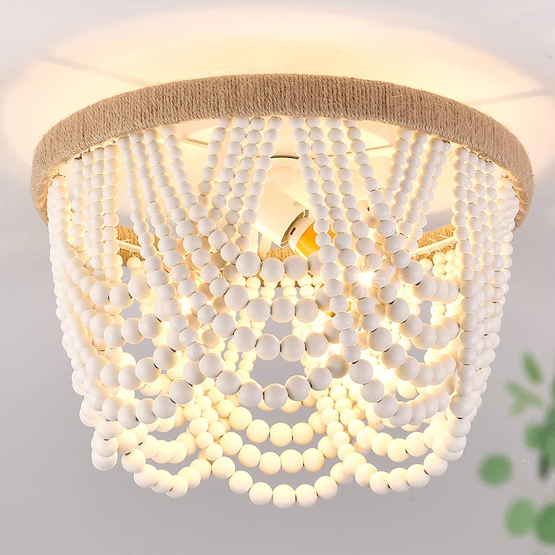 Capslpad Wood Beaded Flush Mount Ceiling Light Antique Rustic Mini Chandelier 3 - Light Boho Light Fixture White Finishing for Dining Room,Nursery Room, Bedroom,Girl Room,Hallway,Entryway,Passway - Just Closeouts Canada Inc.