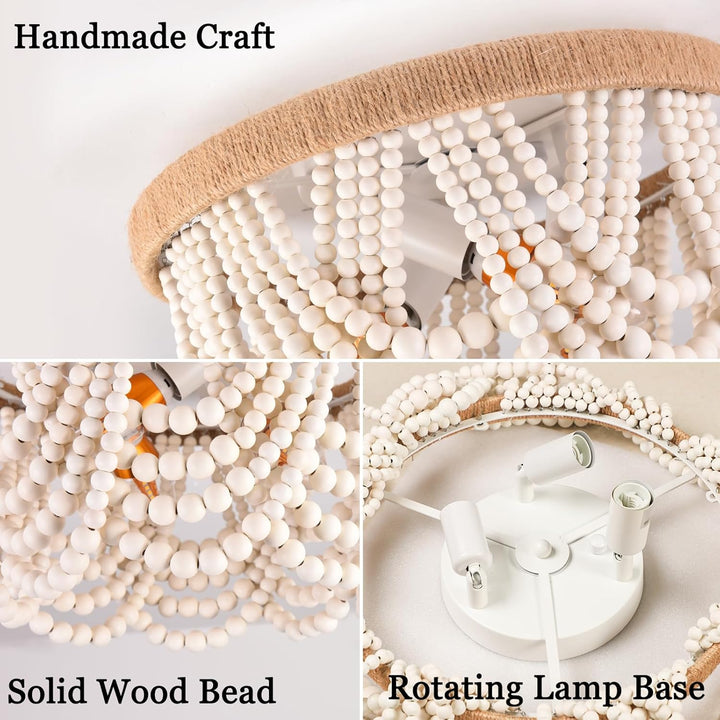 Capslpad Wood Beaded Flush Mount Ceiling Light Antique Rustic Mini Chandelier 3 - Light Boho Light Fixture White Finishing for Dining Room,Nursery Room, Bedroom,Girl Room,Hallway,Entryway,Passway - Just Closeouts Canada Inc.