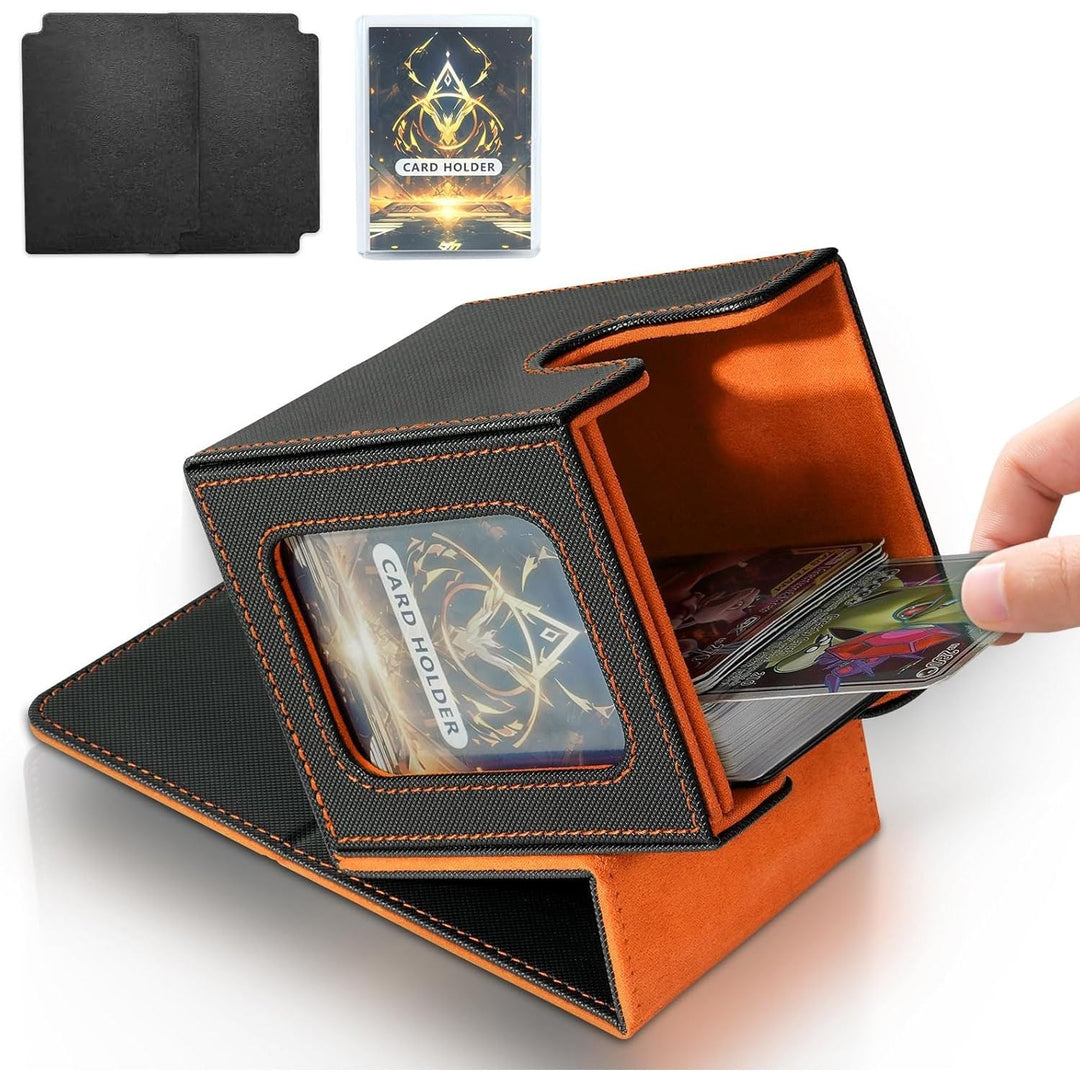 Card Deck Box for MTG Commander, Card Storage Box for Trading Cards, PU Leather Magnetic Card Display Case, Holds 100 Double - Sleeved Cards, Black&Orange - Just Closeouts Canada Inc.X0045TXKKZ