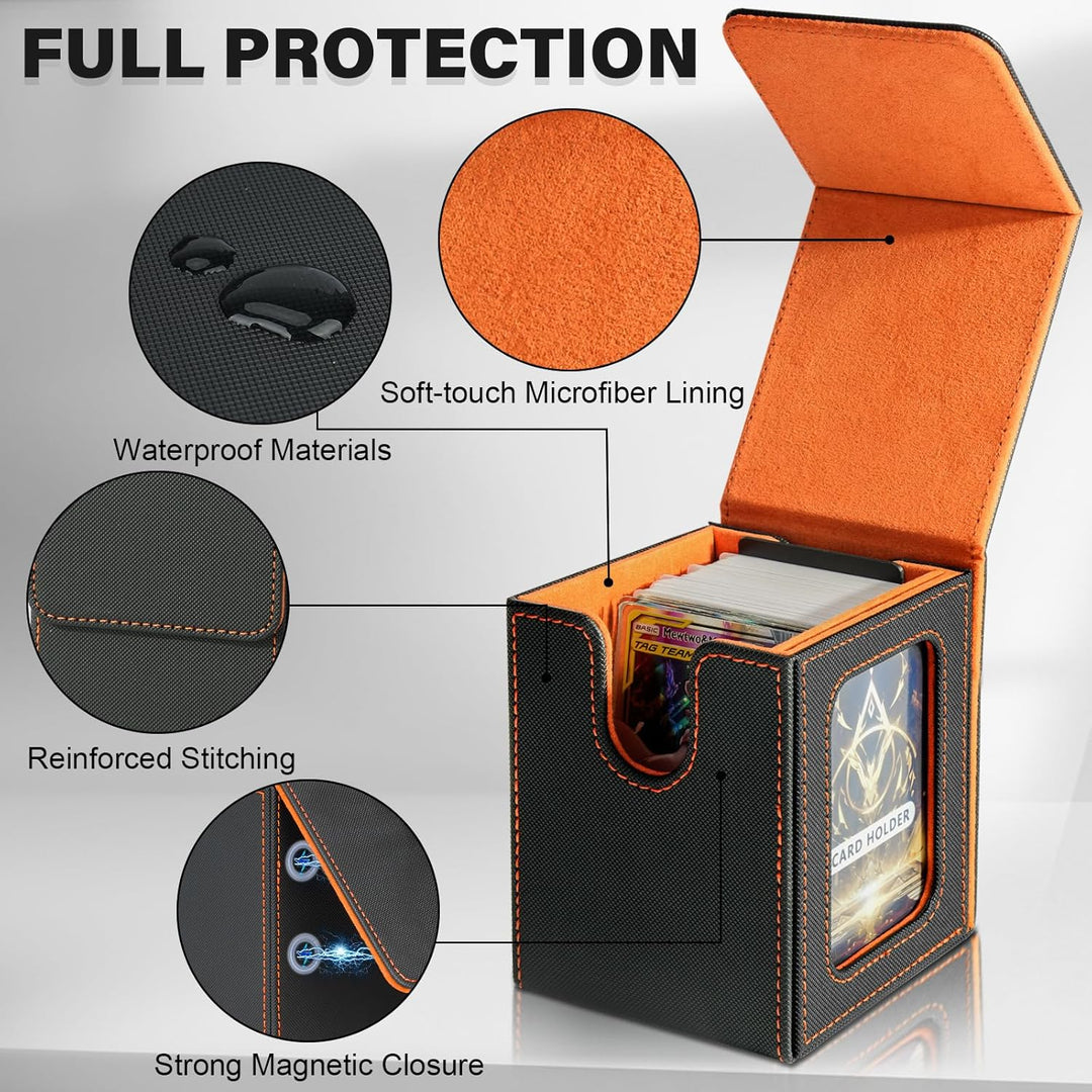 Card Deck Box for MTG Commander, Card Storage Box for Trading Cards, PU Leather Magnetic Card Display Case, Holds 100 Double - Sleeved Cards, Black&Orange - Just Closeouts Canada Inc.X0045TXKKZ