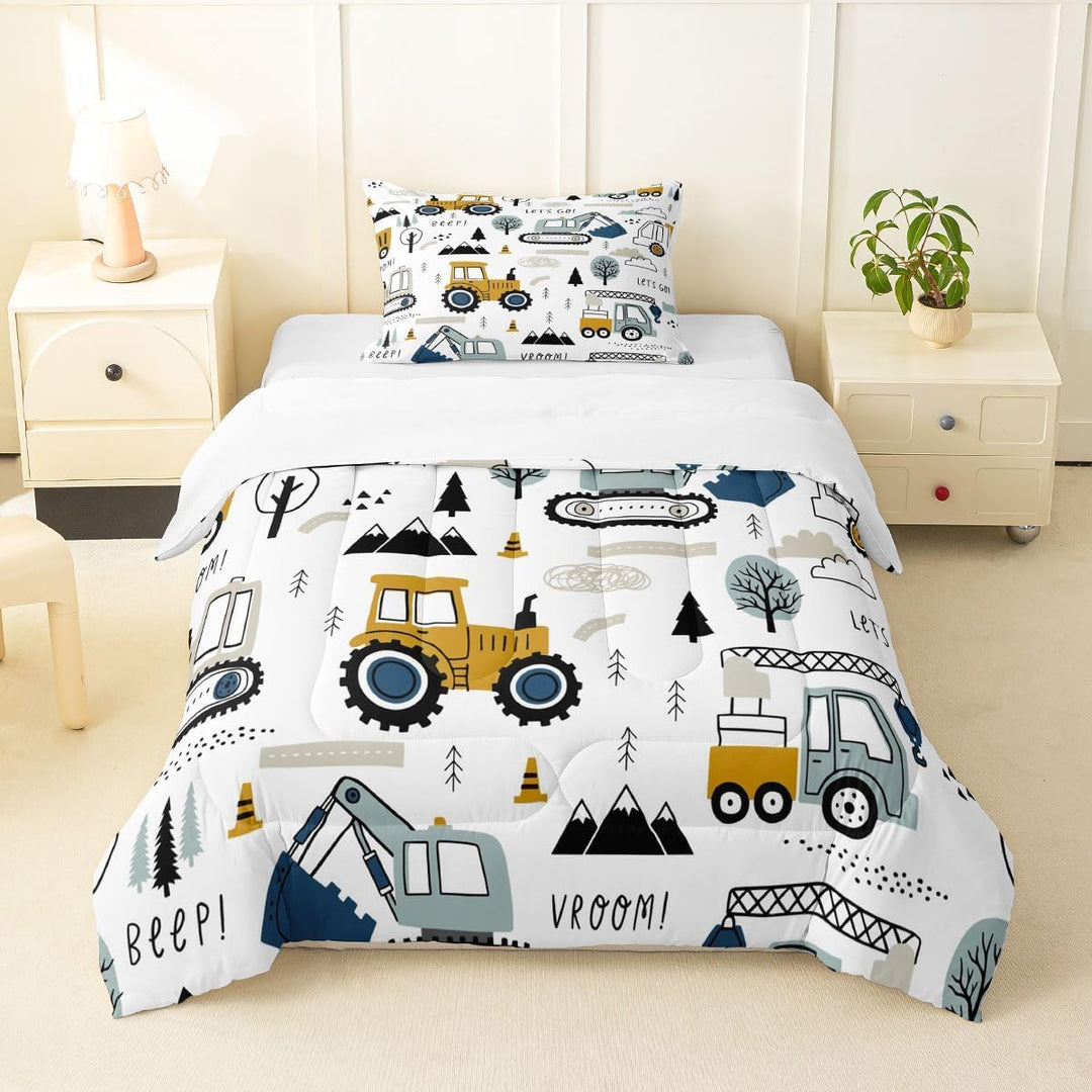 Cartoon Car Kids Comforter Set Construction Bedding Set Decor Equipment Trucks Comforter Cartoon Car Excavator Tractor White Yellow Duvet Set Bedroom Quilt Set 2Pcs Twin - Just Closeouts Canada Inc.X003C25KV3